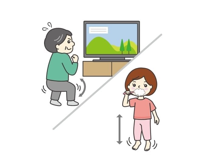 ながら運動の一例の図。テレビを観ながらスクワットしている様子と、歯磨きしながらかかとを上げ下げしている様子。