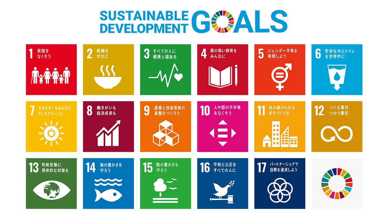SDGsのロゴ・アイコン。
1 貧困をなくそう、2 飢餓をゼロに、3 すべての人に健康と福祉を、4 質の高い教育をみんなに、5 ジェンダー平等を実現しよう、6 安全な水とトイレを世界中に、7エネルギーをみんなに。そしてクリーンに、8 働きがいも経済成長も、9 産業と技術革新の基盤を作ろう、10 人や国の不平等をなくそう、11 住み続けられるまちづくりを、12 つくる責任、つかう責任、13 気候変動に具体的な対策を、14 海の豊かさを守ろう、15 陸の豊かさも守ろう、16 平和と公正をすべての人に、17 パートナーシップで目標を達成しよう