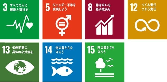 SDGsアイコン。3 すべての人に健康と福祉を、5 ジェンダー平等を実現しよう、8 働きがいも経済成長も、12 つくる責任 つかう責任、13 気候変動に具体的な対策を、14 海の豊かさを守ろう、15 陸の豊かさも守ろう